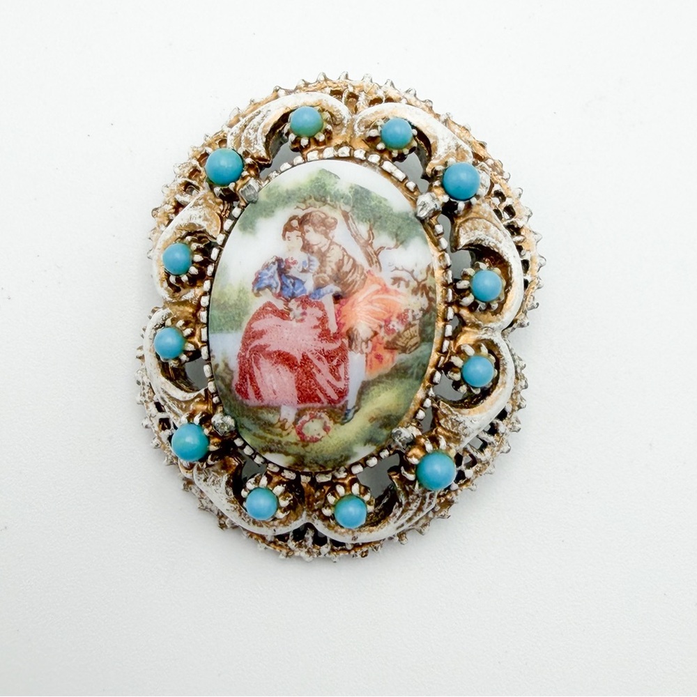 Vintage Florenza Woman Friendship Antiqued White Faux Turquoise Brooch
